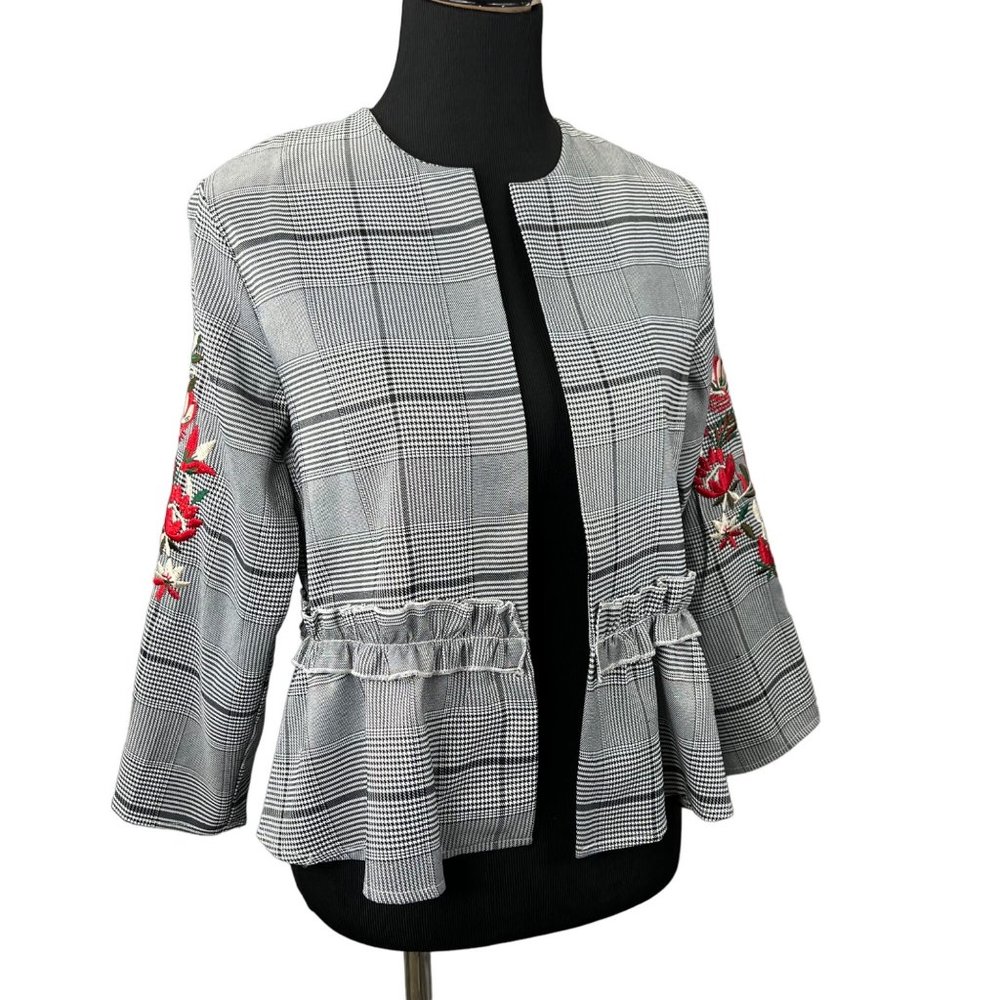 Mulaya Open Front Blazer Jacket M Black Plaid Peplum Embroidered Floral Sleeves